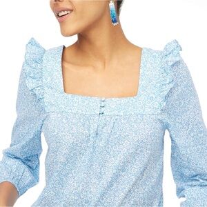 J. Crew French Blue & White Cotton Poplin Floral Peasant Blouse Top